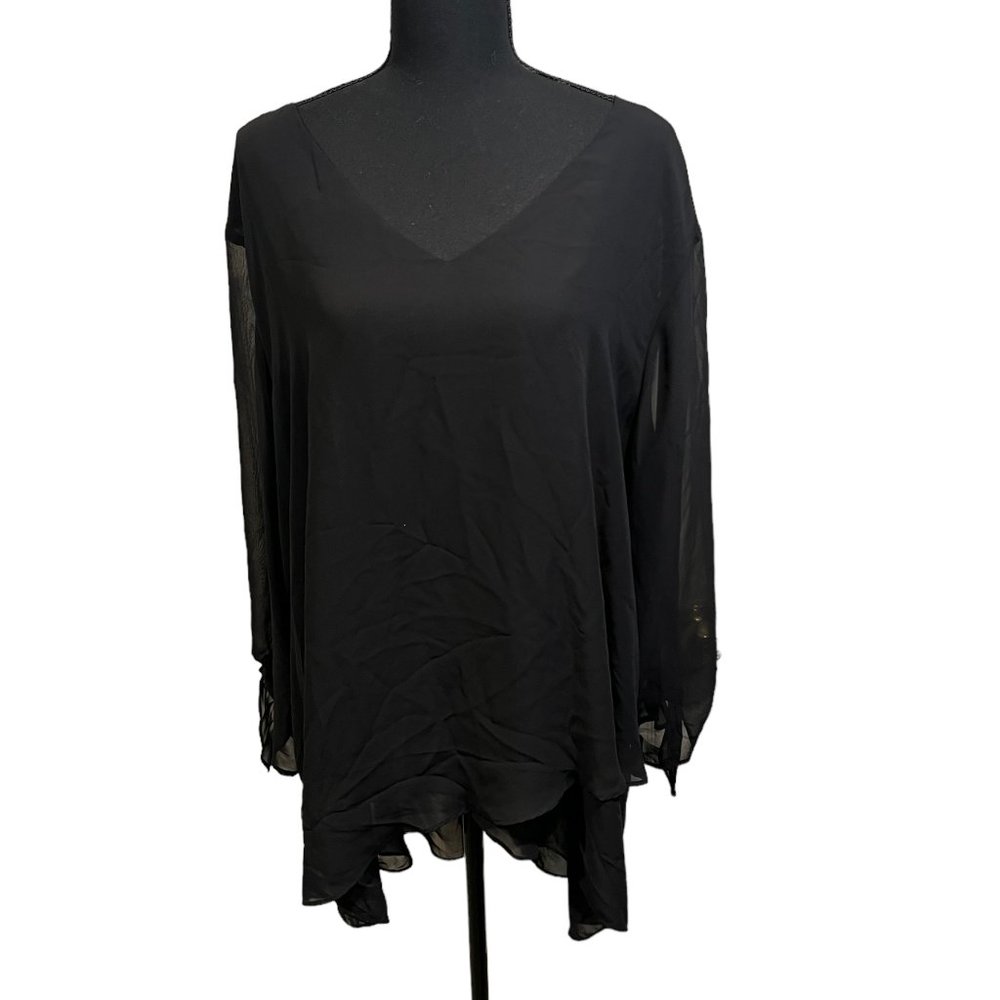 Ahsley Stewart Womens Blouse V Neck Long Sleeve Sheer Black 22W/24W